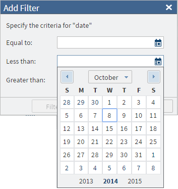 Example of the Add Filter Window for a Date Column
