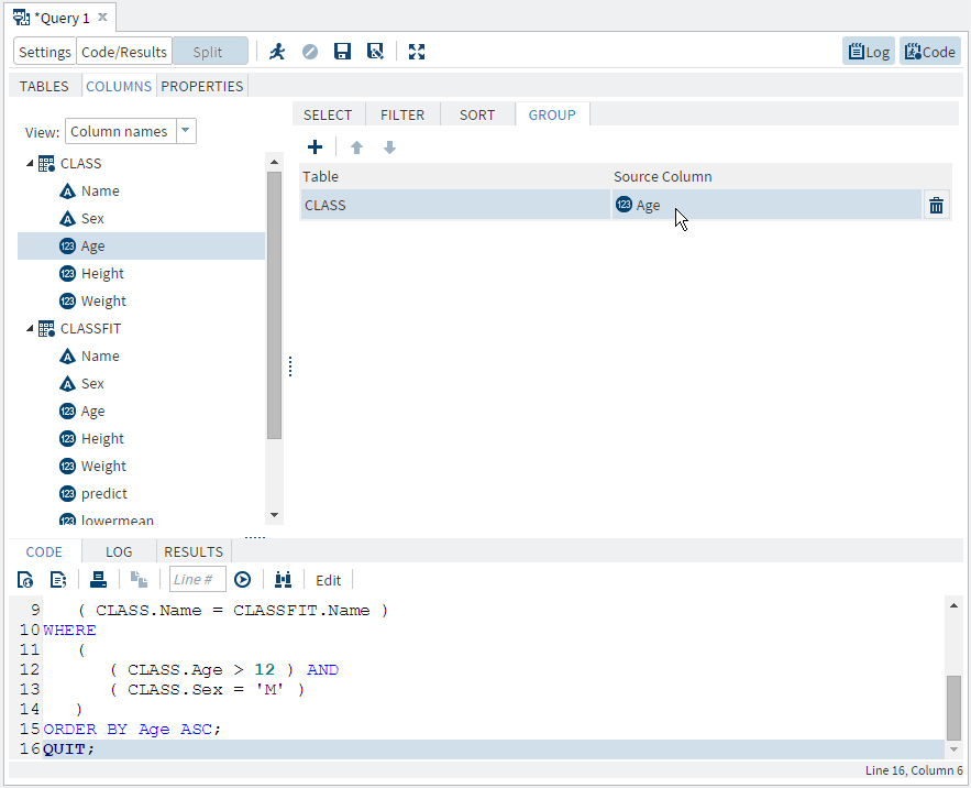 Query Window with the Group Tab