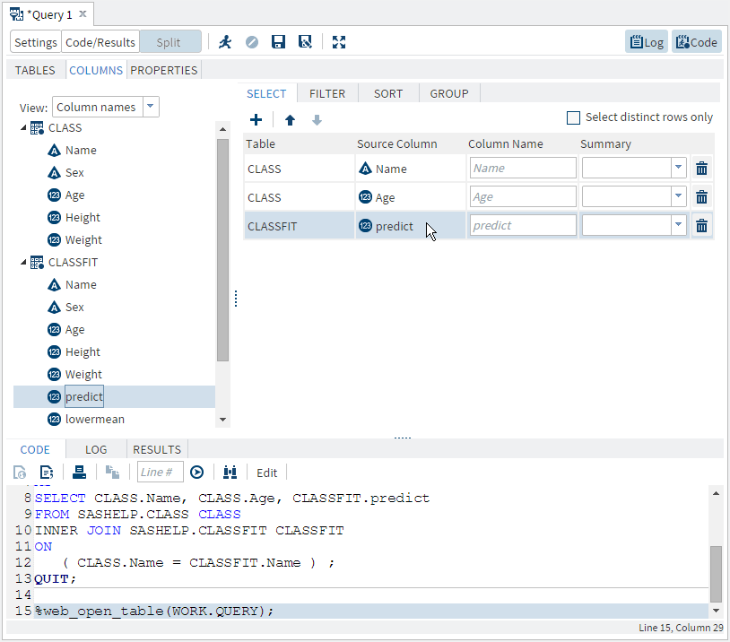 Query Window with Columns Added to the Select Tab