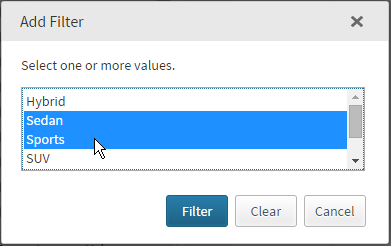 Example of the Add Filter Window for a Character Column
