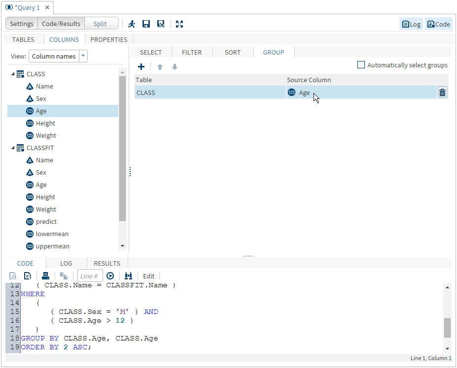 Query Window with the Group Tab