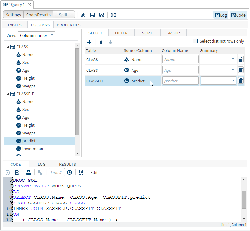 Query Window with Columns Added to the Select Tab