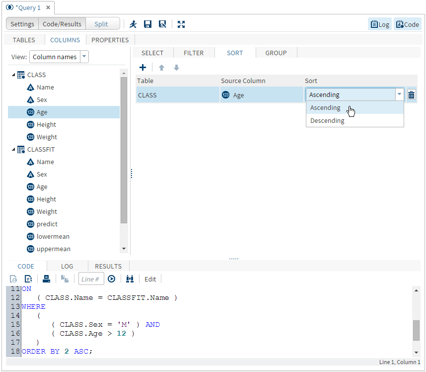 Query Window with the Sort Tab