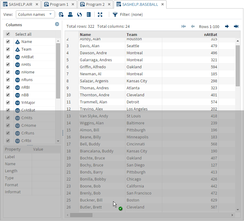 Example of Moving the Baseball Table Viewer Tab to the Bottom of the Workspace
