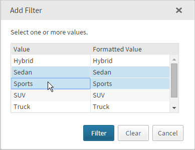 Example of the Add Filter Window with a List of Character Values