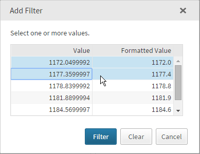Example of the Add Filter Window with a List of Numeric Values