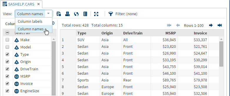 View Drop-down List in the Table Viewer