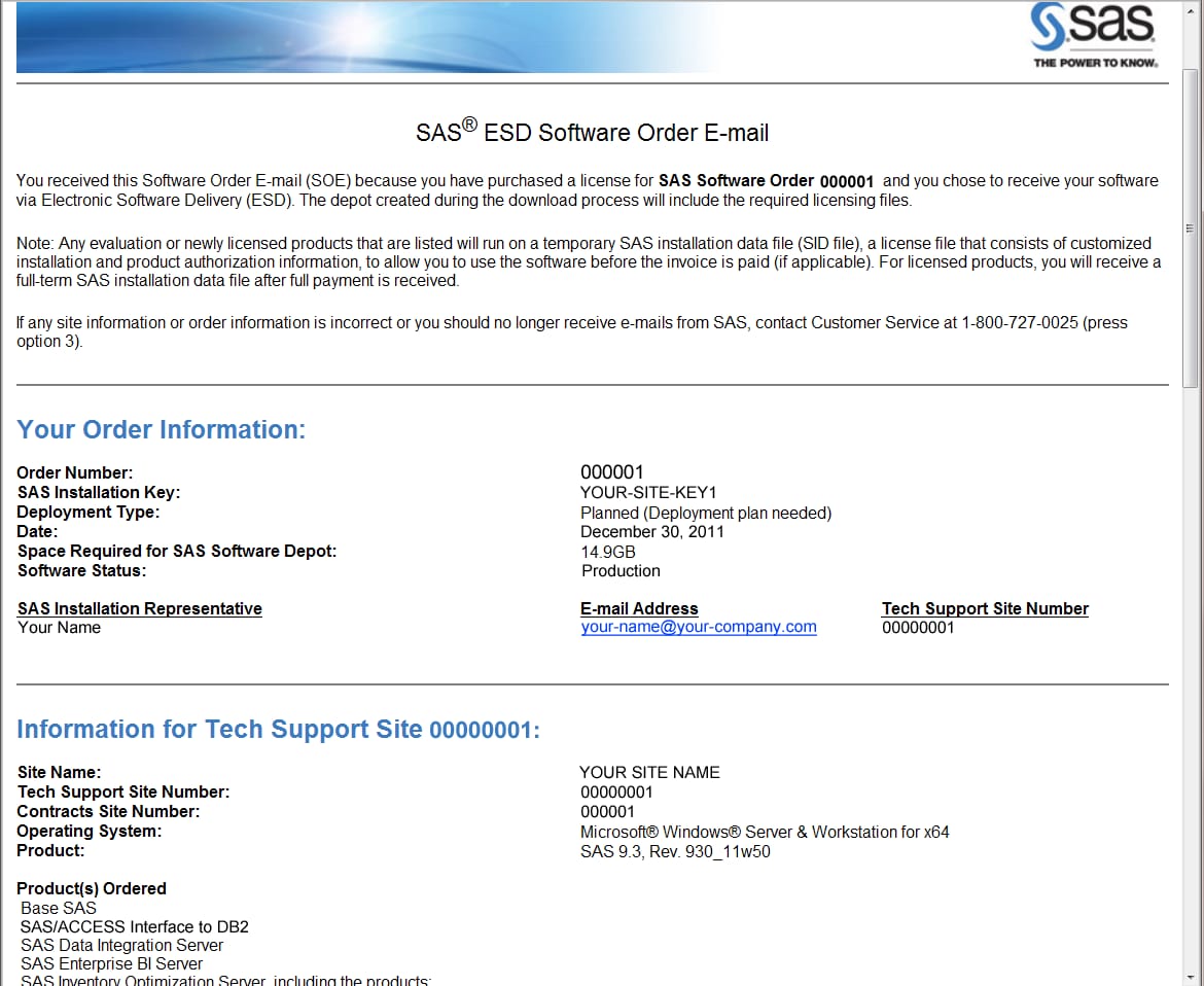 Example of a Software Order E-mail for the Initial Release of SAS 9.3