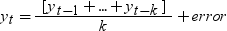 y sub t , equals . fraction left bracket . y sub t minus 1 end sub . plus dot dot dot plus . y sub t minus k end sub . right bracket , over k end fraction . plus e r r o r. Click image for alternative formats.