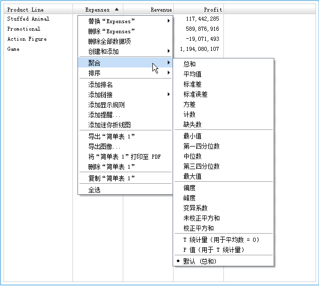 简单表的“聚合”菜单项