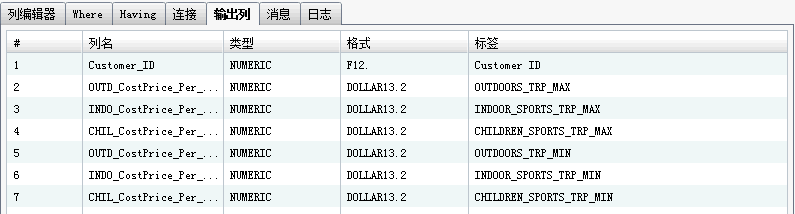 包含数据透视依据值的“输出列”选项卡