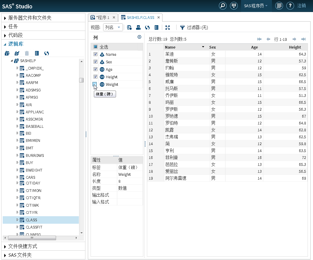 显示 CLASS 表（已删除 Weight 列）的表查看器