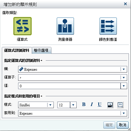 運算式的 [增加新的顯示規則] 視窗