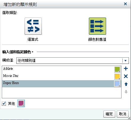 顏色對應值的 [增加新的顯示規則] 視窗