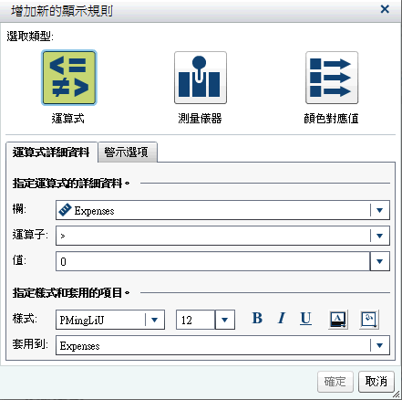 運算式的 [增加新的顯示規則] 視窗