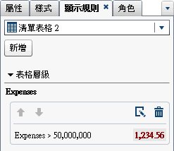 清單表格中包含運算式顯示規則的 [顯示規則] 標籤