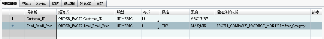 具有樞紐分析依據欄的欄編輯器標籤