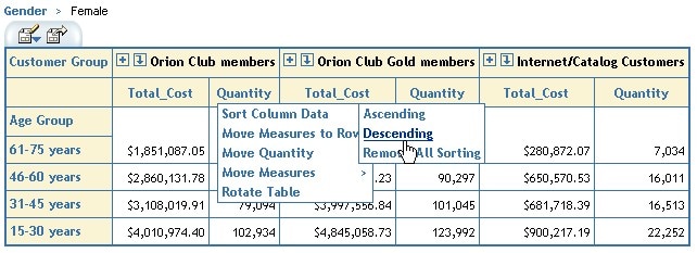 Table showing menu for Quantity with Sort Column Data Descending highlighted
