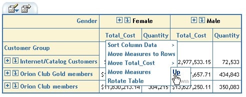 Table showing menu for Total_Cost with Move Measures Up highlighted