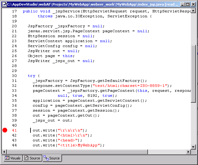 Breakpoint in compiled JSP source tab