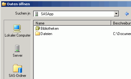Fenster 'Von SAS-Server öffnen' mit ausgewähltem lokalen Server