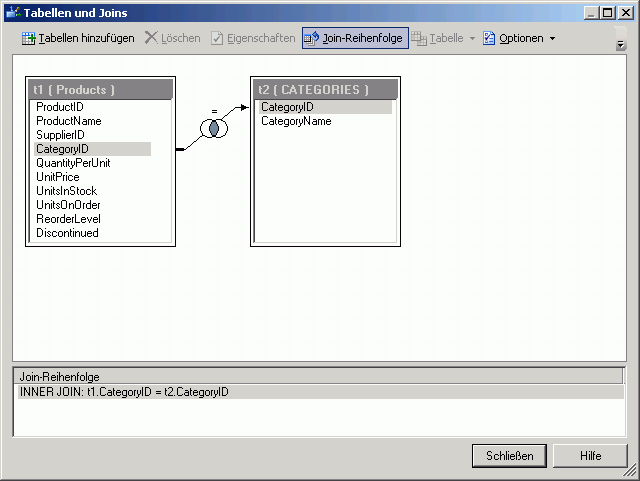 Die beiden gejointen Tabellen im Fenster 'Abfrage erstellen'