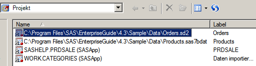 Fenster 'Aus Projekt hinzufügen' mit verfügbaren Tabellen für die Abfrage