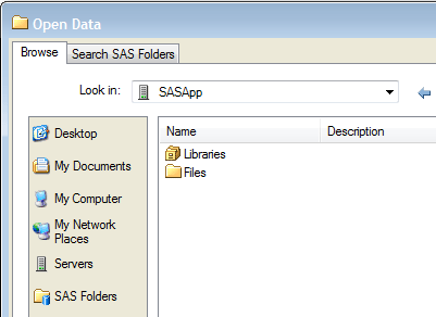 Open from SAS Servers window with Local server selected