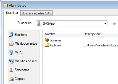Ventana Abrir desde servidores SAS con el servidor local seleccionado