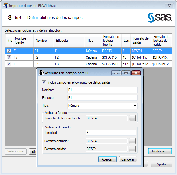 Página Definir atributos de campo