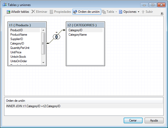 Las dos tablas unidas en el Constructor de queries