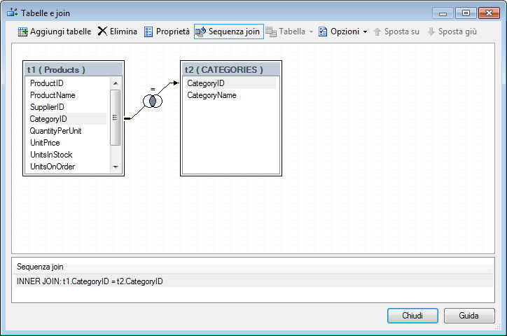 Le due tabelle unite nel Costruttore di query