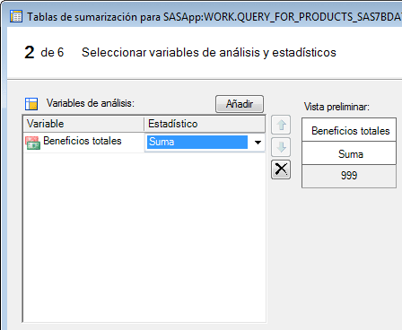 Variable Beneficios totales y estadístico Suma