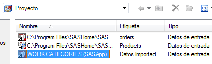 ventana Abrir datos mostrando una lista de tablas en el proyecto