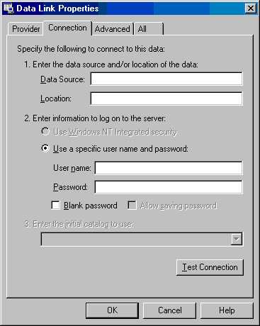 The Connection tab in the Data Link Properties dialog box, displaying the generic connection information required for use with the SAS/SHARE and local data providers.
