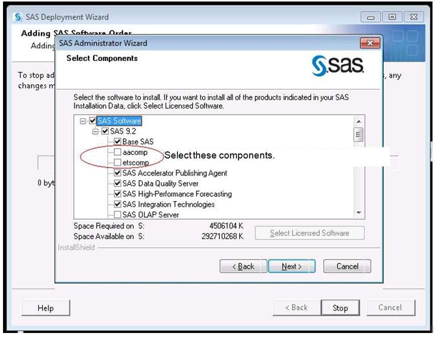 Select Components in SAS Administrator Wizard