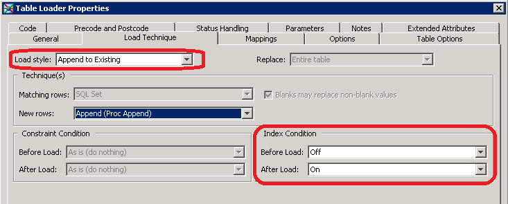 Table Loader : Load Technique settings