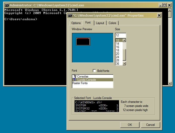 screen shot showing how to change the font to Lucida Console