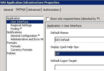 SAS Application Infrastructure Properties dialog