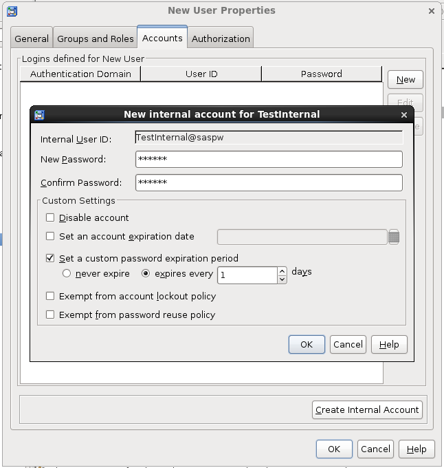 New User Properties window in SAS Management Console