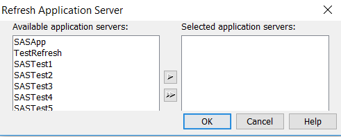 Refresh Application Server dialog box showing no scroll bar