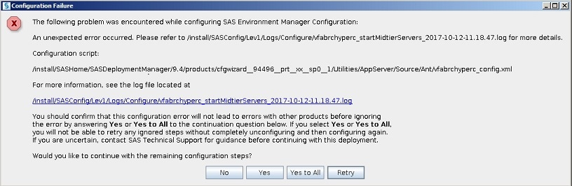 Configuration Failure dialog box: An unexpected error occurred.