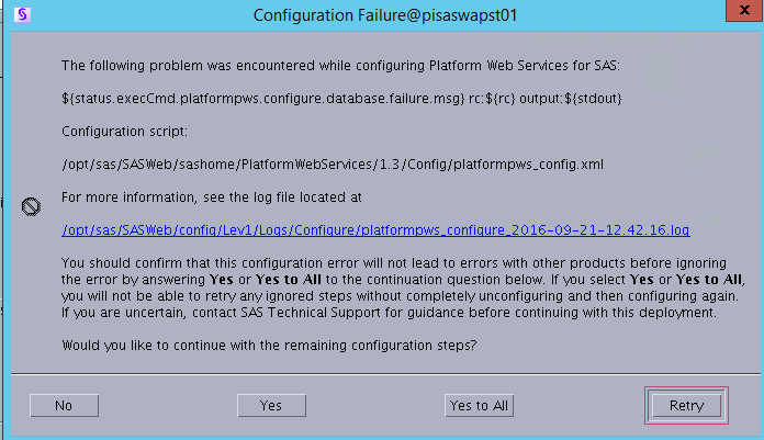 Configuration Failure popup error message