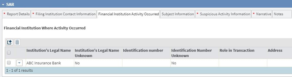 Financial Institution Activity Occurred tab