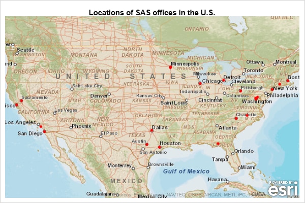 Esri map with markers at office locations