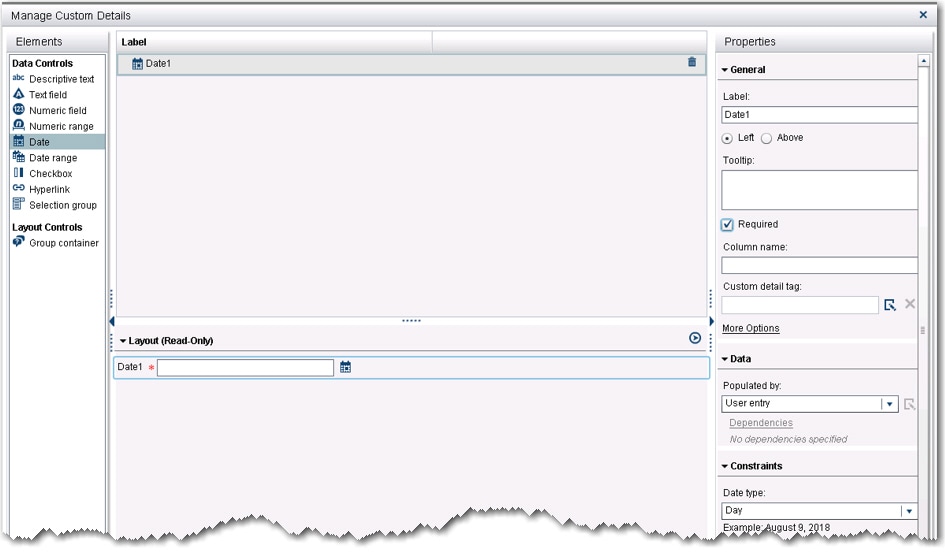 Managing Custom Details dialog box with Date value