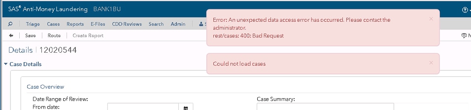 The error message "Error: An unexpected data access error has occurred. Please contact the administrator. rest/cases: 400: Bad Request" and "Could not load cases" appear after you try to open either a case with 10 or more related cases or an entity with 10 or more related cases.