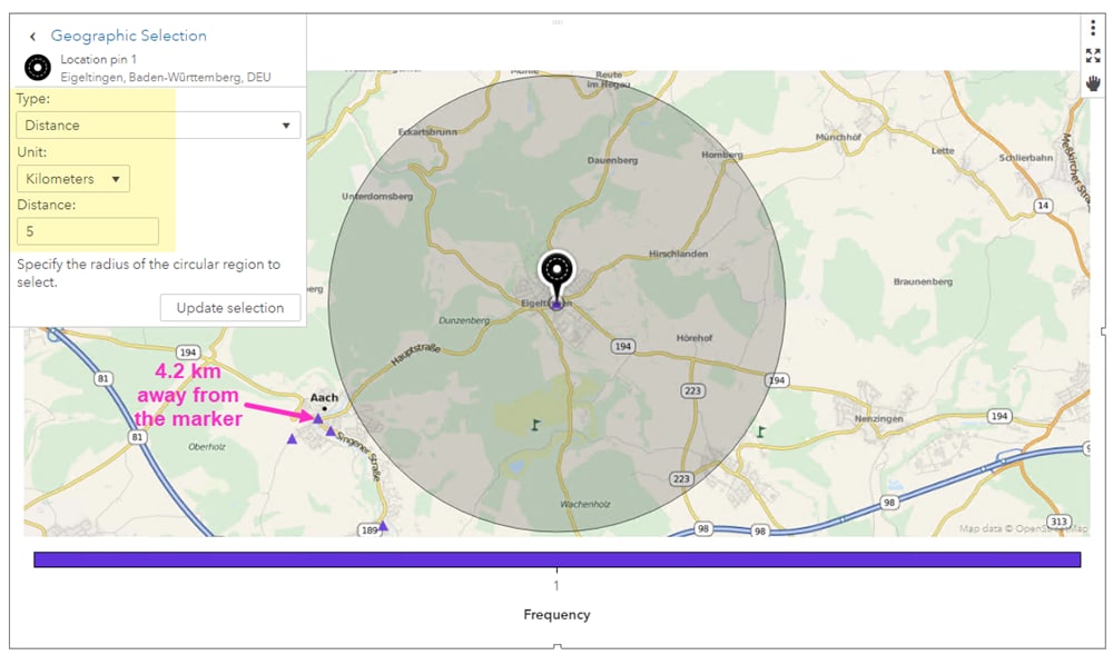 63482 - The radius-based selection for a SAS® Visual Analytics geo map using Distance as the 