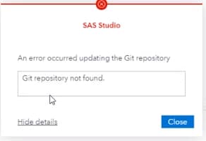 An error occurred updating the Git repository. Git repository not found.