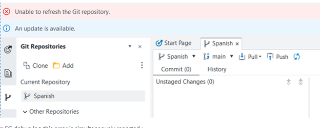 ERROR "Unable to refresh the Git Repository"